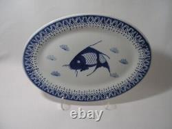 Chinese Vintage Koi Fish Oval Porcelain Serving Platter Blue White 14x10