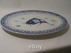 Chinese Vintage Koi Fish Oval Porcelain Serving Platter Blue White 14x10