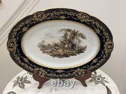 Dresden Heufel & Co. Large Porcelain Oval Platter Plate Cobalt Blue Gold Hunting