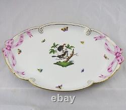 Herend Rothschild Bird Platter Tray 400 RO with Pink Ribbon Handles 15-3/4 x 11