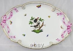 Herend Rothschild Bird Platter Tray 400 RO with Pink Ribbon Handles 15-3/4 x 11