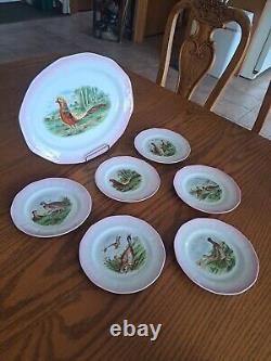 Limoges USA China Serving Platter & 6 Dessert/Salad Plates Bird Pattern Signed