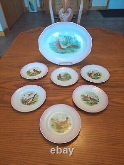 Limoges USA China Serving Platter & 6 Dessert/Salad Plates Bird Pattern Signed