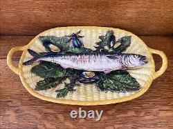 Nice Antique Palissy Majolica Fish In A Basket Platter With Bugs And Mussels