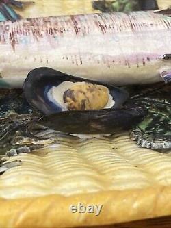 Nice Antique Palissy Majolica Fish In A Basket Platter With Bugs And Mussels