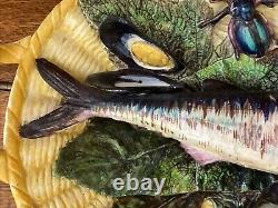 Nice Antique Palissy Majolica Fish In A Basket Platter With Bugs And Mussels