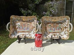 Pair of 2 Fine Chinese Porcelain Left-Right Serving Platters withBraided Handles