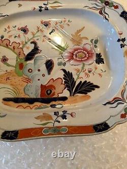 Rare 1800s imperial meat platter imari bold colors 18x21 footed ironstone
